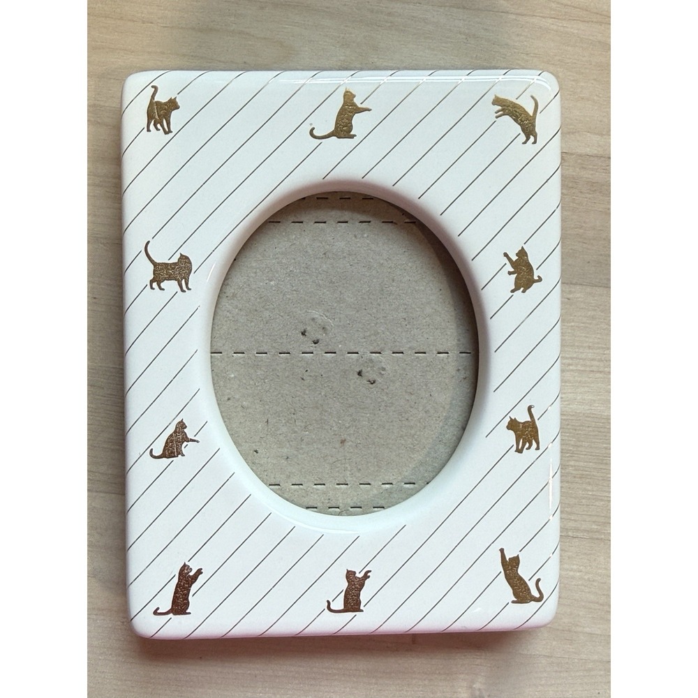 Vintage White Ceramic Picture Frame With Gold Metallic Playful Cats 3x4" Photo